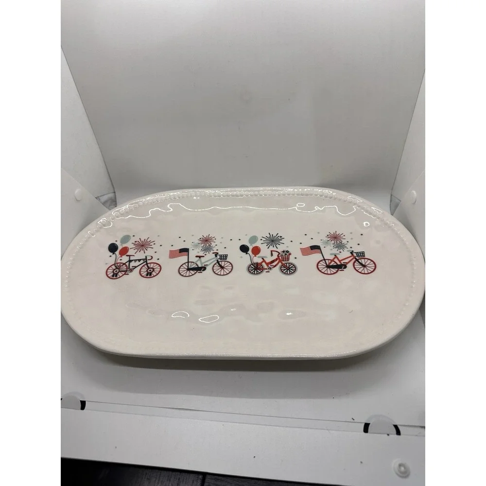 Envogue Home Patriotic Ceramic Bicycle Platter & 8 Appetizer Plates 9 Pc Set USA